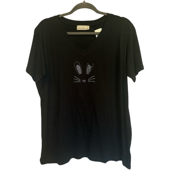 Rhinestone Cute Easter Bunny T-Shirt Short Sleeve V-Neck Black Tee NEW Sparkly! - Picture 2 of 3